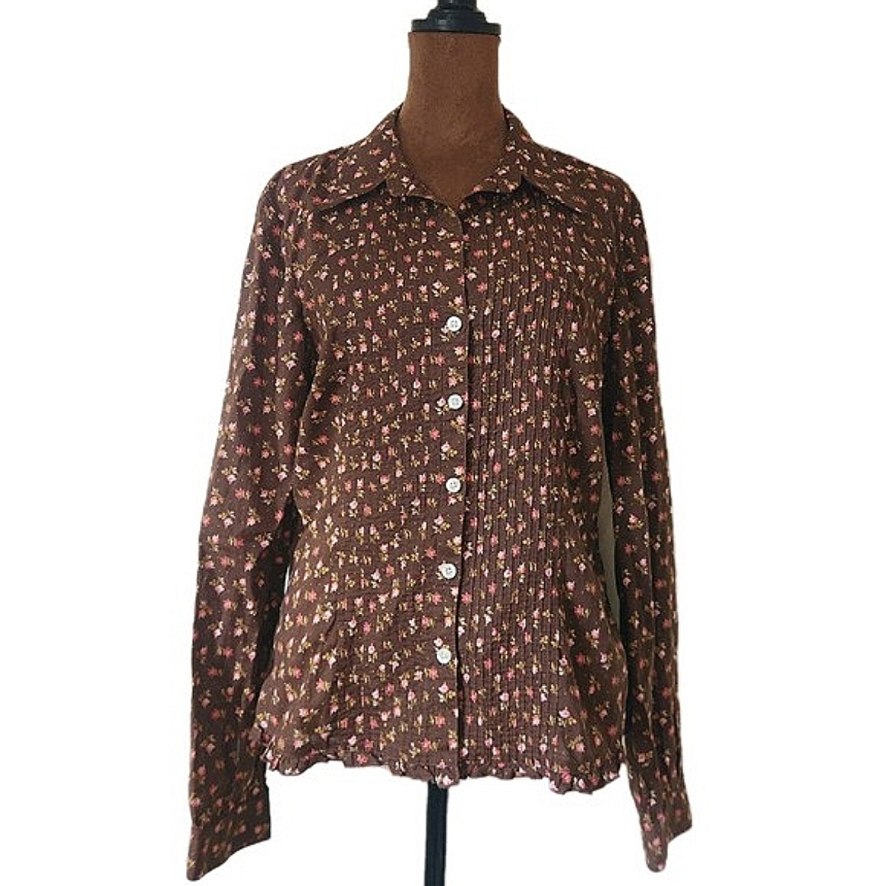 Y2K Tommy Hilfiger Button Up Top Size M Women's Brown Floral Ruffle Fall‎